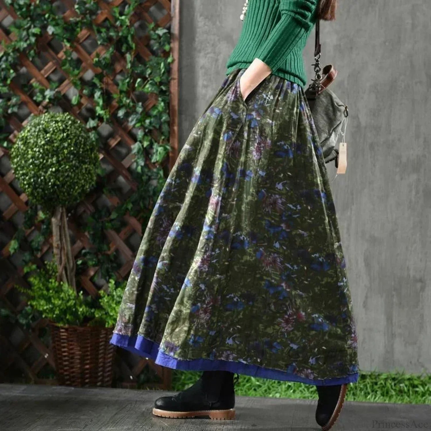 A-Line Pleated Autumn Floral Long Skirt with Pockets Green Skirts / One Size