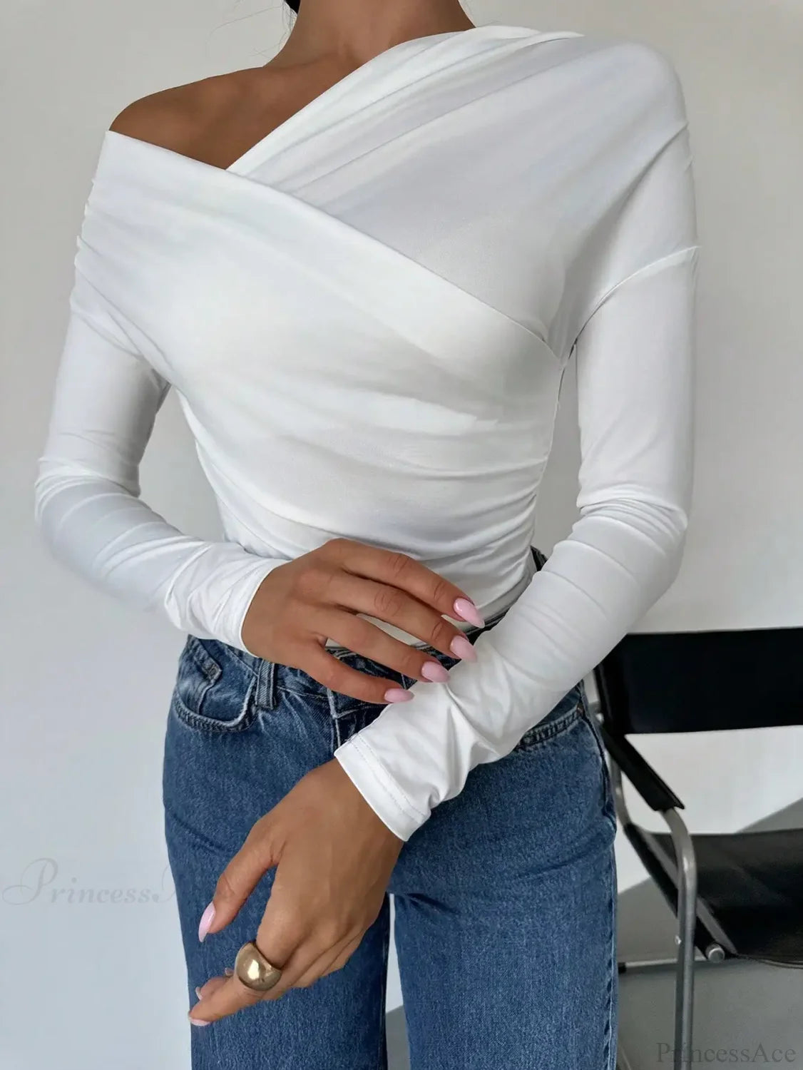A-line Shoulder Long Sleeve Slim Knitted T-shirt Women knittop-250126