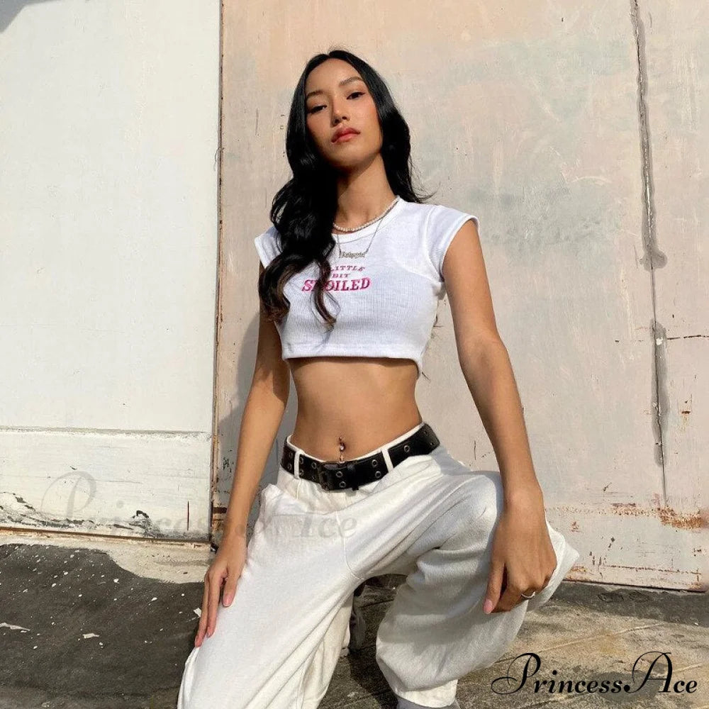 A Little Bit Spoiled Graceful White Graphic Crop Top Shirts & Tops
