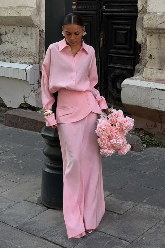 Elegantes, kreatives Streetstyle-Hemdkleid-Zweiteiler-Set mit langen Ärmeln