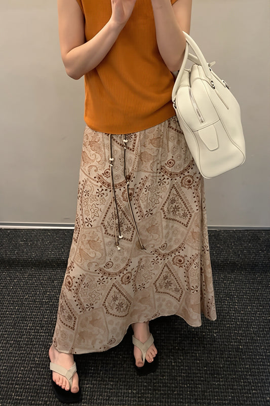 Vintage Print Beaded Belt A Line Maxi Skirt