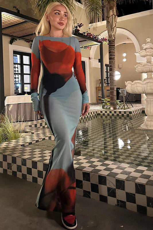 Maxikleid mit Blumenmuster, Rundhalsausschnitt und Schlitz