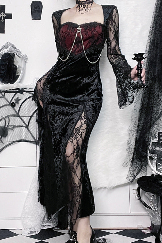 Gothic-Kleid mit geteilten Spitzenärmeln