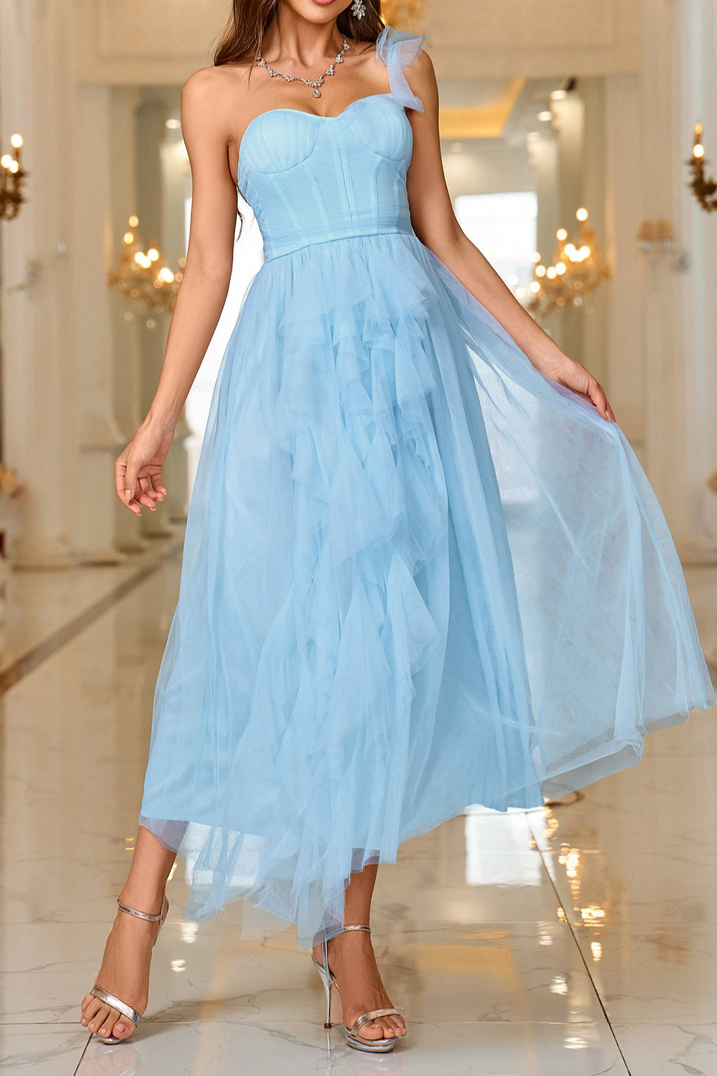 Layered Sheer Panel Sleeveless Cocktail Dress