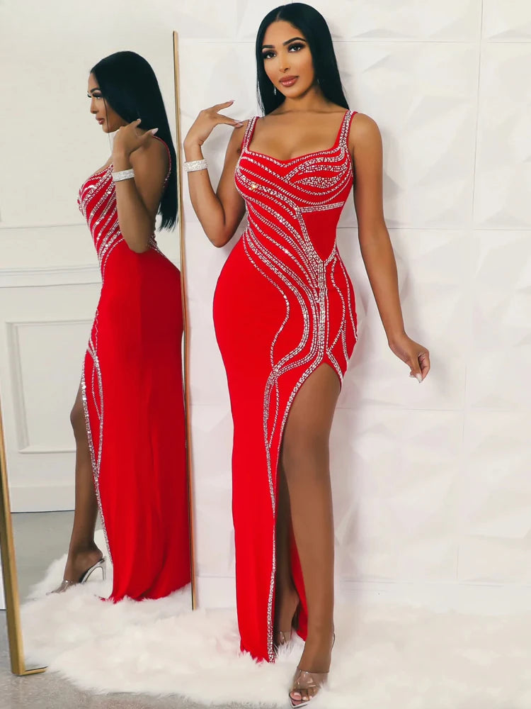 Rhinestone Slit Maxi Party Dress Red / S Partydress-241208