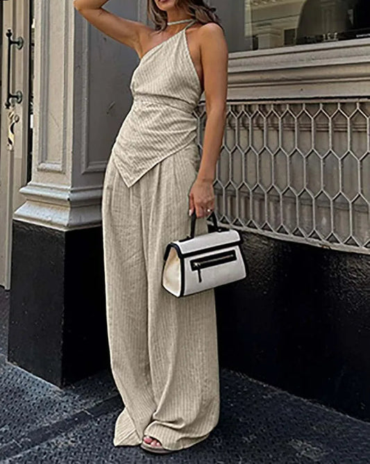 Zweiteiliges Büro-Set mit Neckholder-Schnürhose und Aprikosendruck