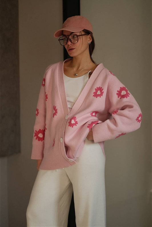 Flauschiger Jacquard-Cardigan mit lockerem V-Ausschnitt und Gänseblümchenmuster