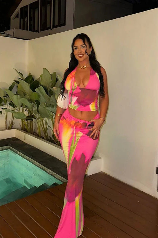 Neckholder-Maxikleid mit bedrucktem Crop-Top und figurbetontem Schnitt