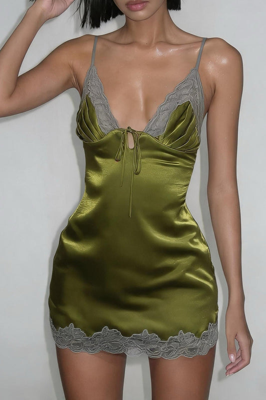 Lace Trim Tie Front Satin Mini Dress