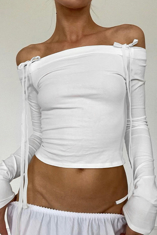 Bow Belted Off Shoulder Backless Long Sleeve Crop Top White / S