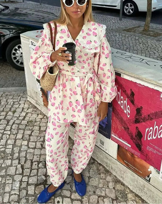 Pink bedrucktes Peter-Pan-Knöchelhosen-Set fürs Büro, zweiteilig