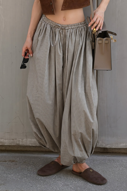 Brown Plaid Elastic Waist Balloon Pants