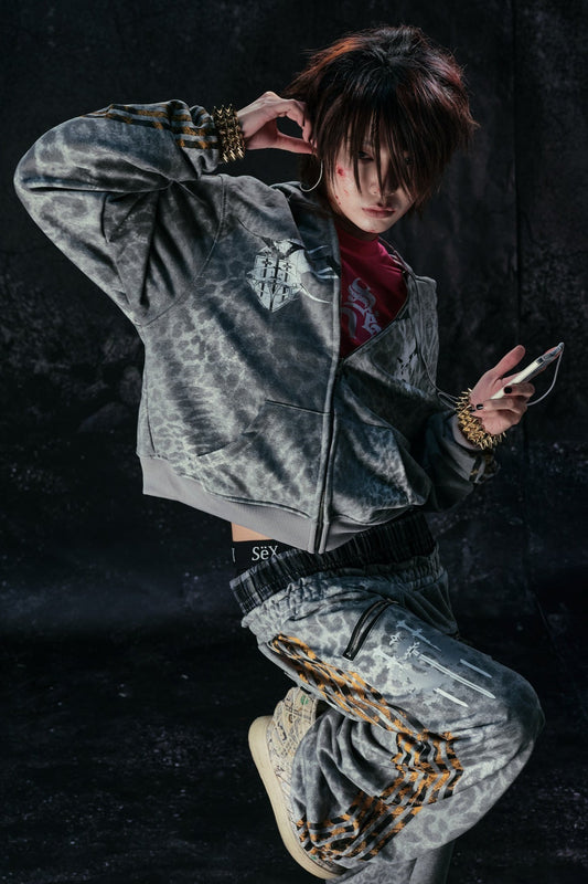 Y2K Leopard Striped Street Zip Hoodie Grey / S