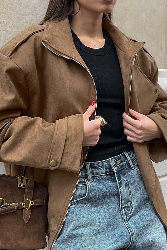 Vintage Khaki Wildleder Kragen Jacke