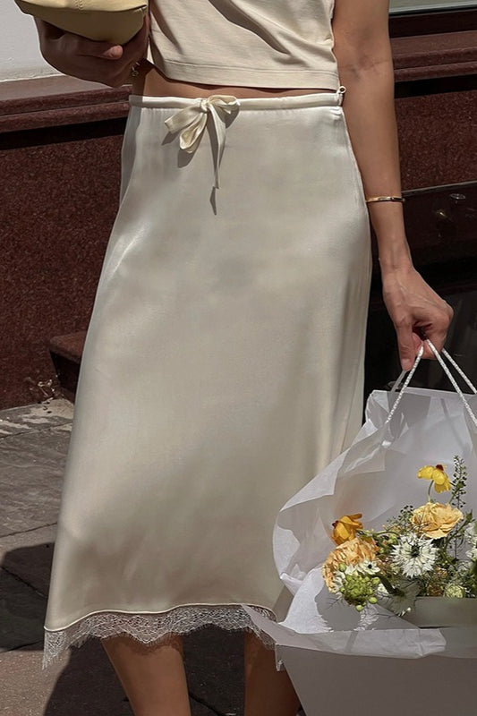 Tie Waist Lace Trim Midi Skirt