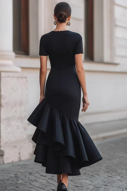 Asymmetric Ruffle Hem Short Sleeve Midi Dress