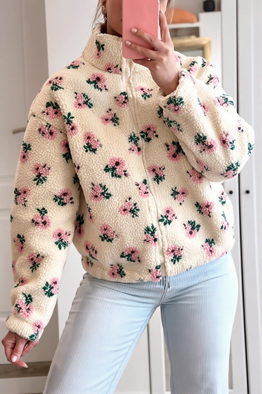 Floral Zip Front Sherpa Fleece Coat