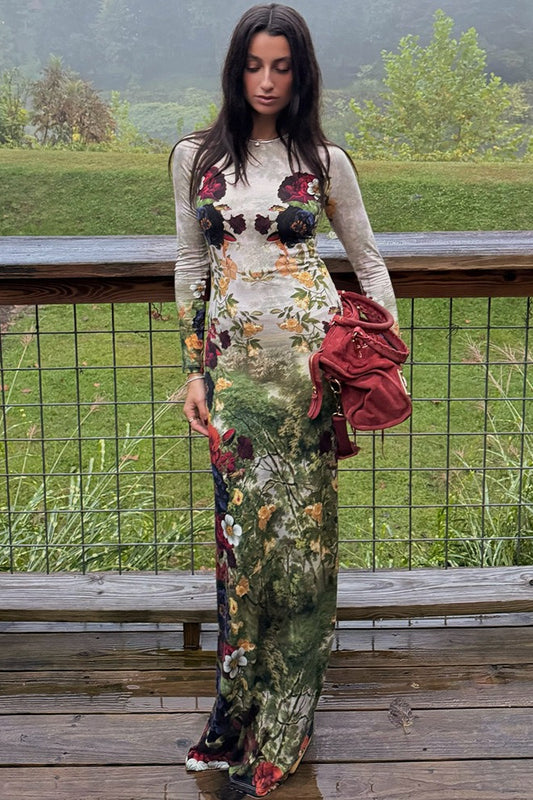 Floral Mesh Long Sleeve Maxi Dress