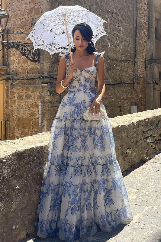 Ärmelloses, rückenfreies Kleid mit Blumenmuster und Schnürung