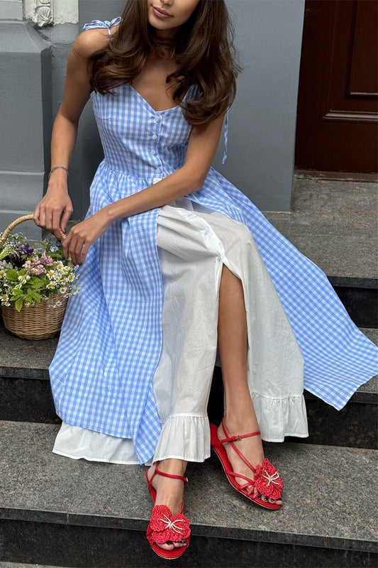 Plaid Fake Two-Piece Single Breasted Spaghetti Strap Midi Dress