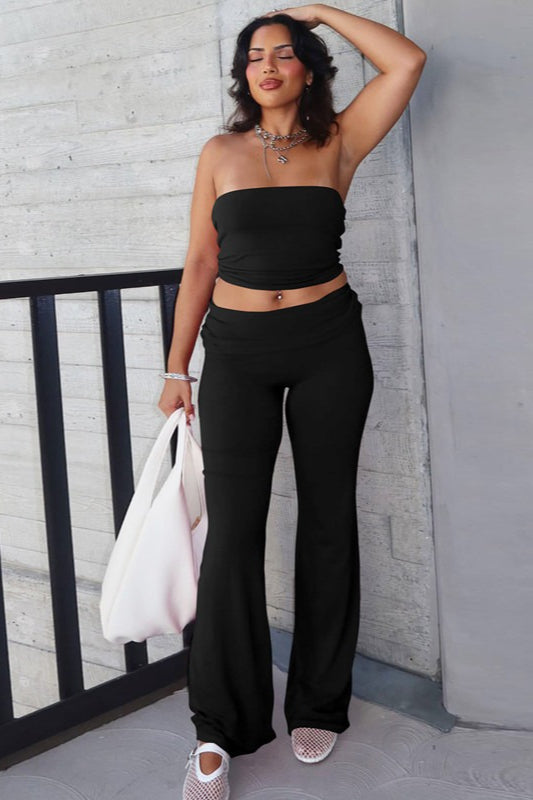Bandeau Crop Top and Flare Pants Set