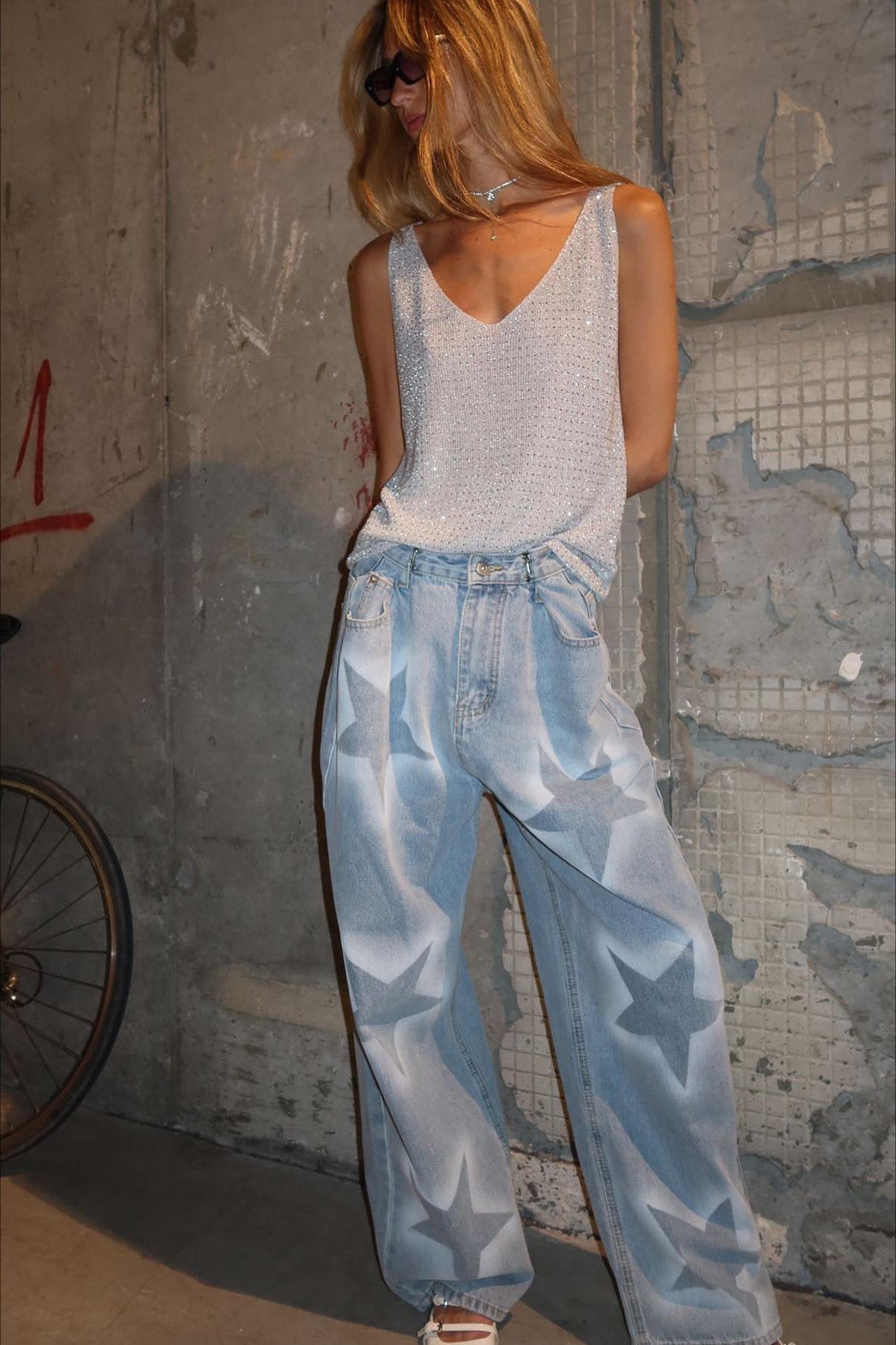 Star Print Loose Straight Waist Adjuster Jeans