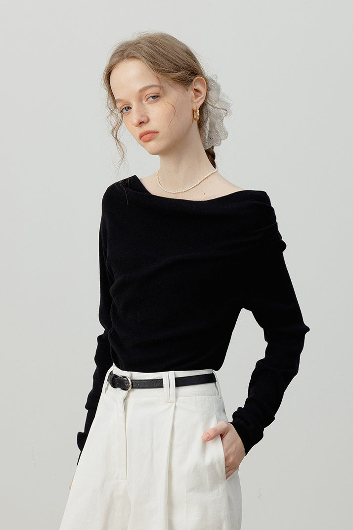 Off-Shoulder Draped Collar Waist-Cinched Knit Top