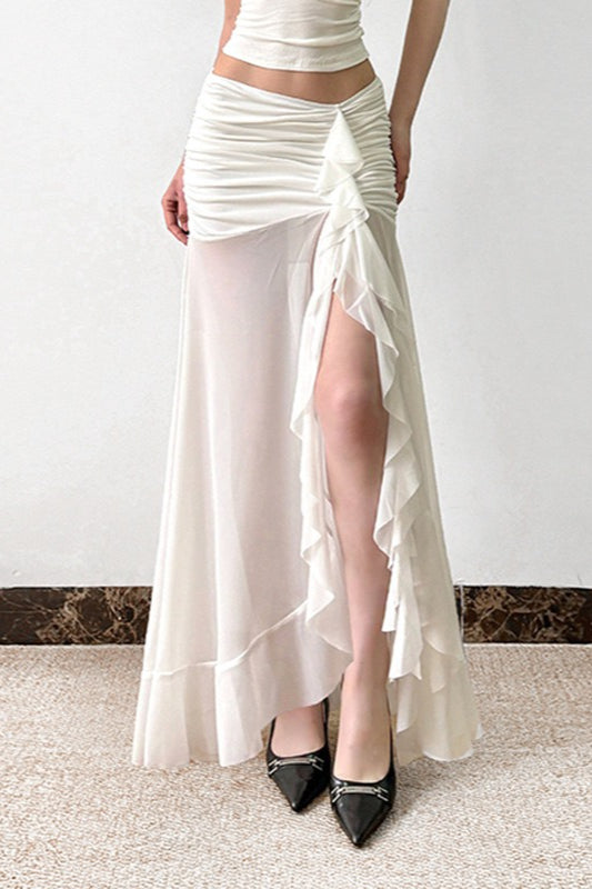 Maxirock mit Netzeinsatz und Rüschen zum Binden