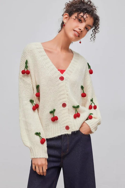 Cherry Applique V Neck Button Cardigans