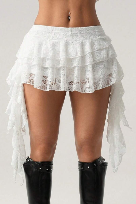 Lace Tiered Asymmetric Mini Skirt