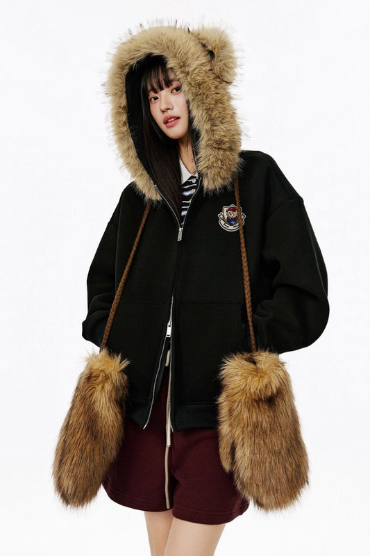 Vintage Bear Ear Fleece Collar Zip Hoodie