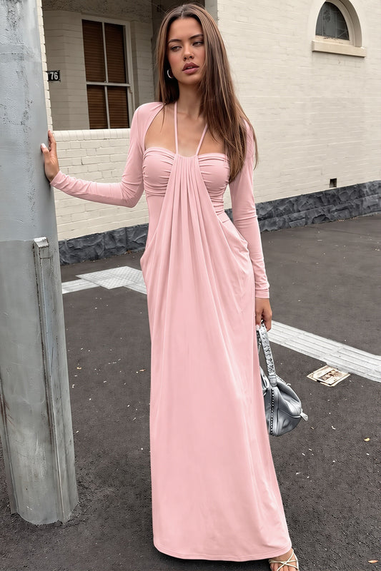 Halter Tie Front Draped Long Sleeve Maxi Dress