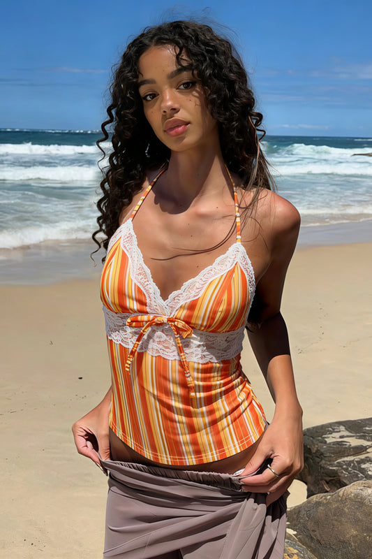Lace Spliced Orange Striped Halter Top