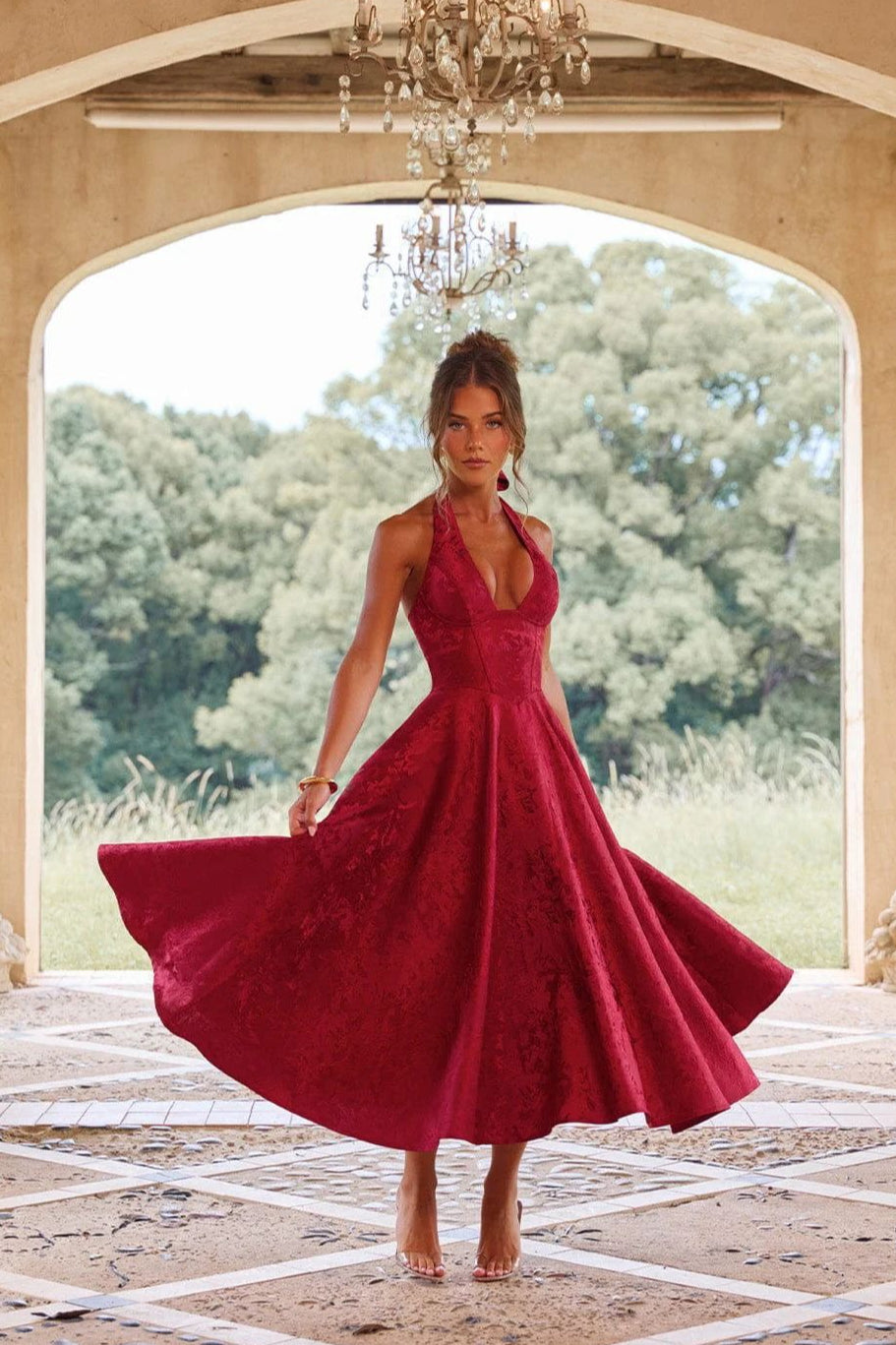 Jacquard Halter V-Neck Party Dress S / Red