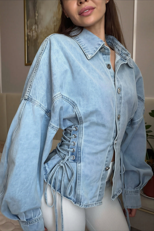 Corset Lace Up Oversized Denim Blouse