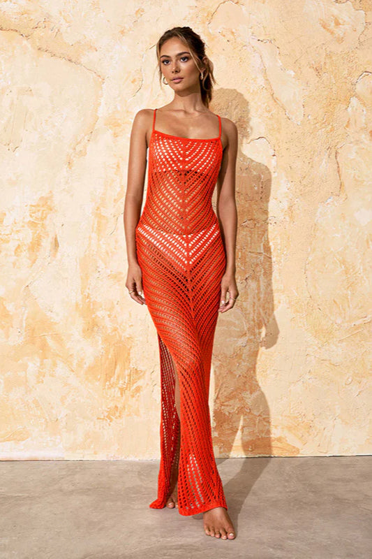 Rückenfreies Maxikleid mit Schlitz und Spitzenbesatz