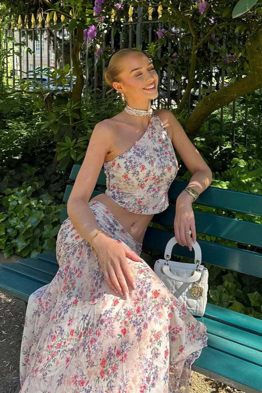 Hellrosa/Lila Blumenmuster, One-Shoulder-Träger, ärmellos, zweiteilig