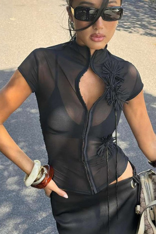 Tanktop mit Knopfleiste, Blumenmuster, figurbetont, sexy, hochgeschlossen