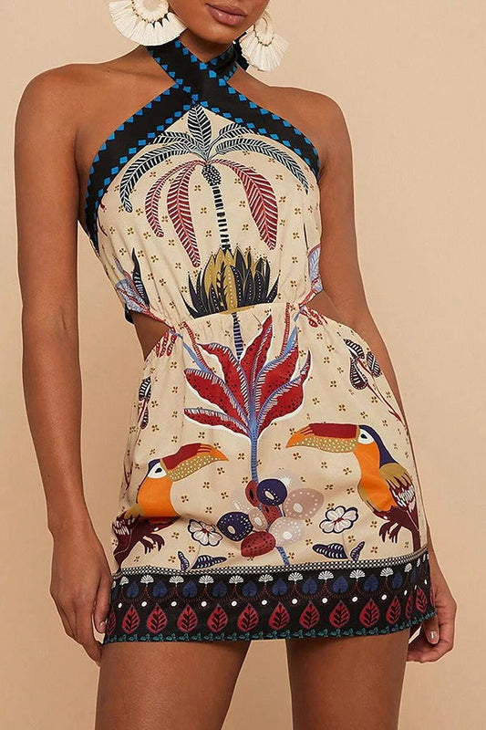 Neckholder-Minikleid mit Blumenmuster und Bindeband hinten