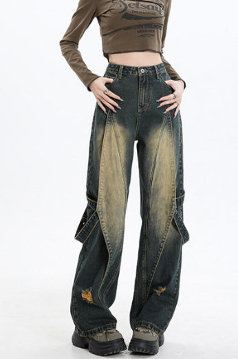 Vintage Washed Patchwork Jeans Blue / XS