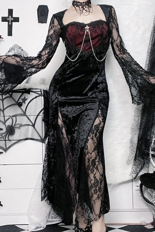 Gothic-Kleid mit geteilten Spitzenärmeln