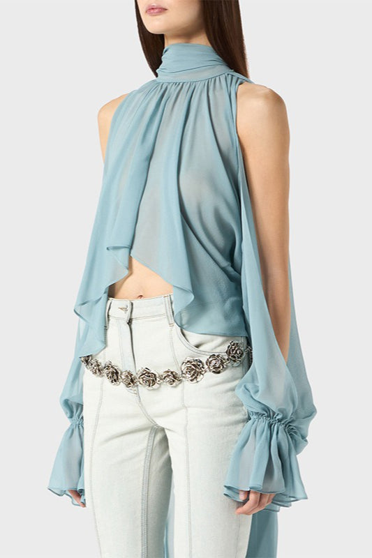 Sweet Irregular Stand Collar Loose Solid Halter Blouse