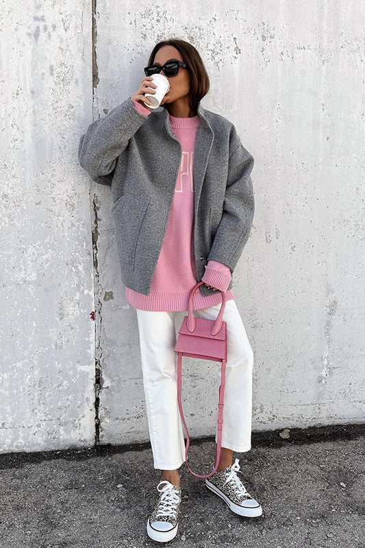 Gray Stand Collar Cocoon Sleeve Coat