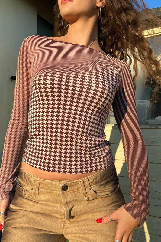 Printed Crew Neck Cropped Long Sleeve Tee