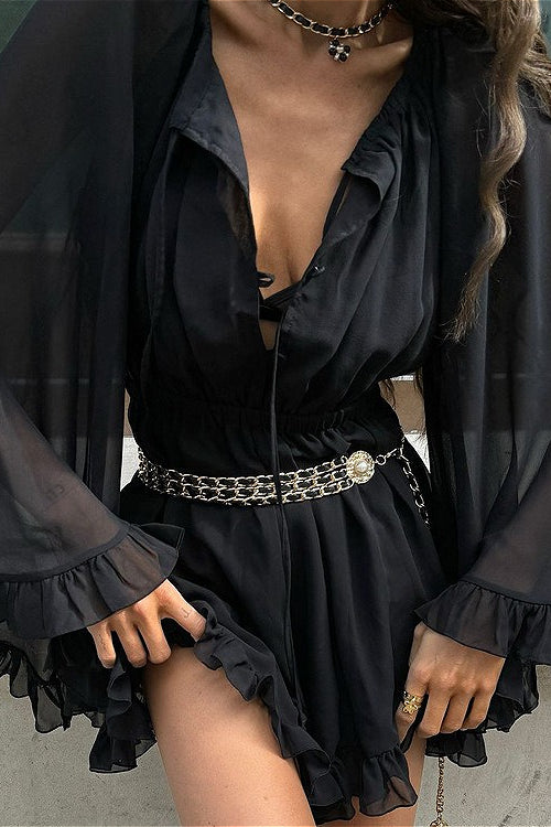 Schwarzes, transparentes Minikleid aus Mesh mit geraffter Taille