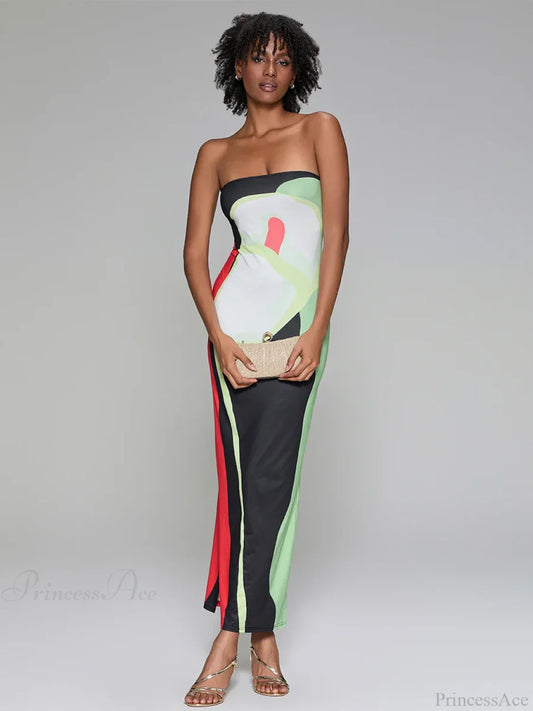 Abstract Print Strapless Side Split Floral Dress floraldress-250126