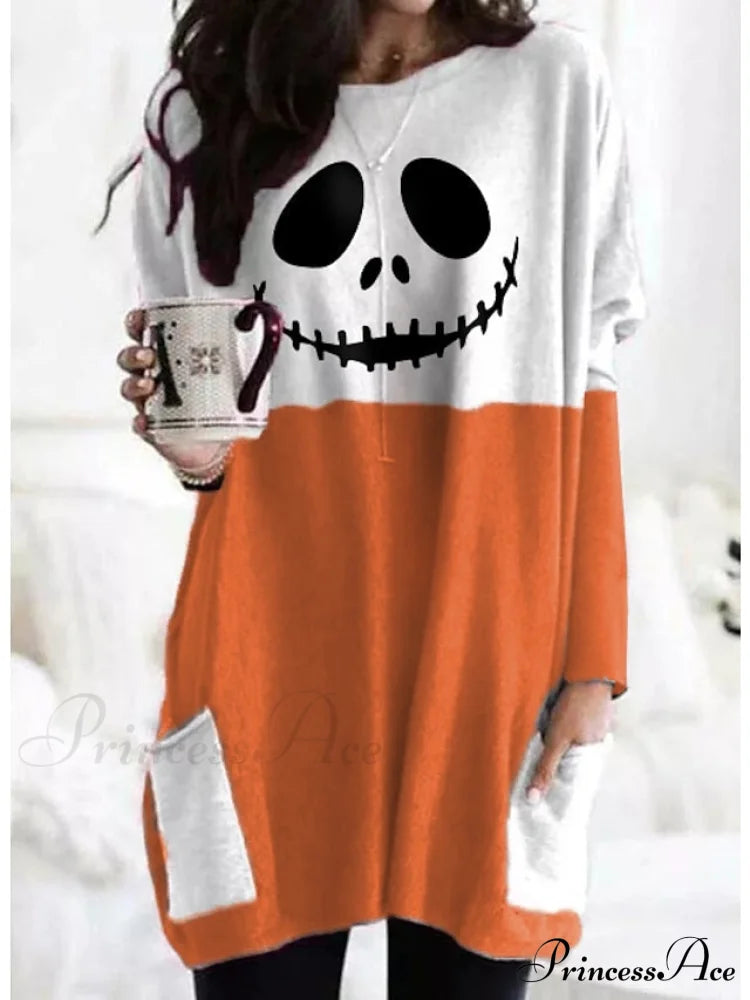 Abstract Women’s Design Black Painting Shirts Round Neck Block White Halloween Long Tunic Plaid