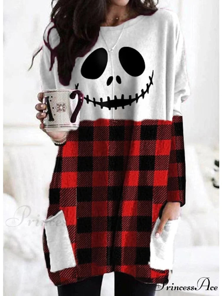 Abstract Women’s Design Black Painting Shirts Round Neck Block White Halloween Long Tunic Plaid
