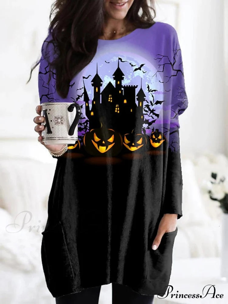 Abstract Women’s Design Black Painting Shirts Round Neck Block White Halloween Long Tunic Plaid