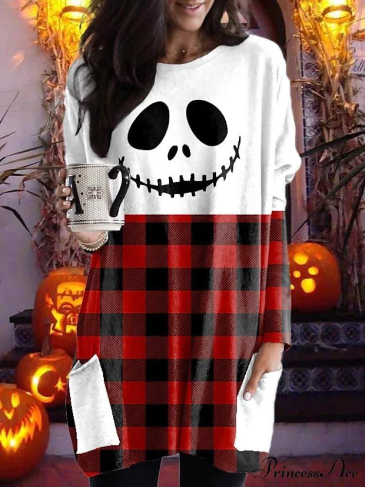 Abstract Women’s Design Black Painting Shirts Round Neck Block White Halloween Long Tunic Plaid